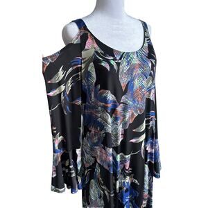 Karen Kane Dress Black Blue Floral Palm Cold Shoulder A Line Lined Size XL